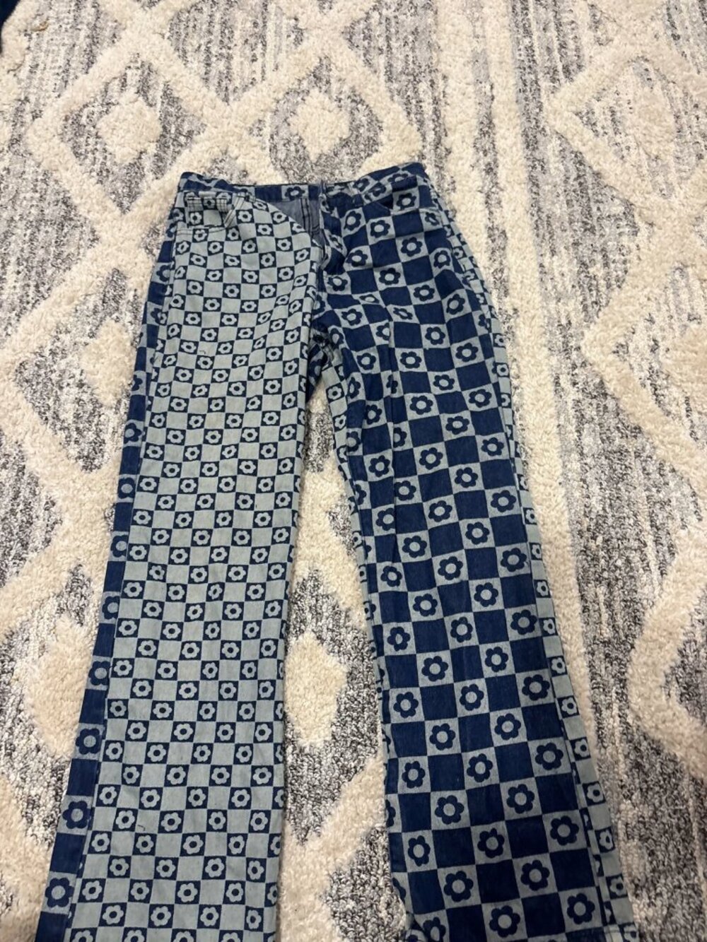 Flower Print Jeans Navy Cream Checkerboard